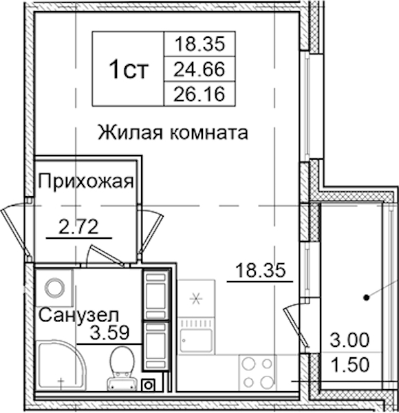 Квартира студия 26.16 м², 3/9 эт., ЖК «Квартал Заречье»